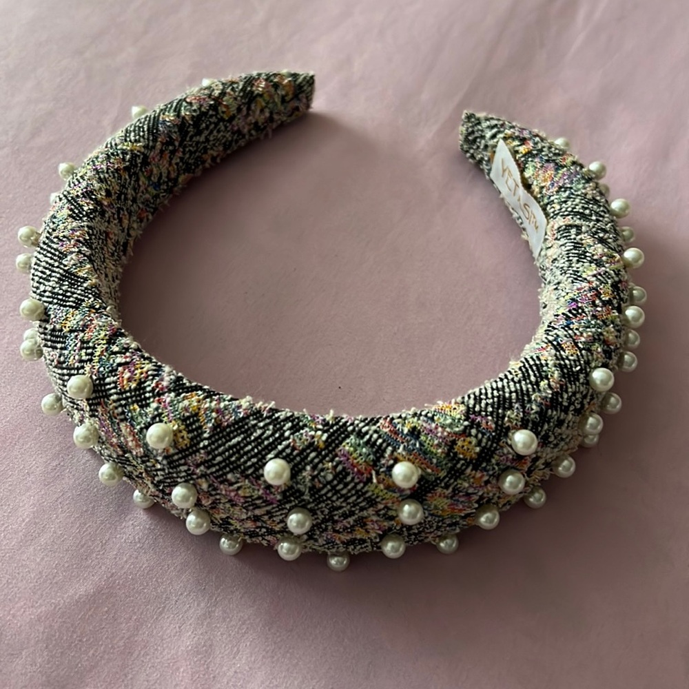 Colourful head band with pearls tweed hair accessories headband